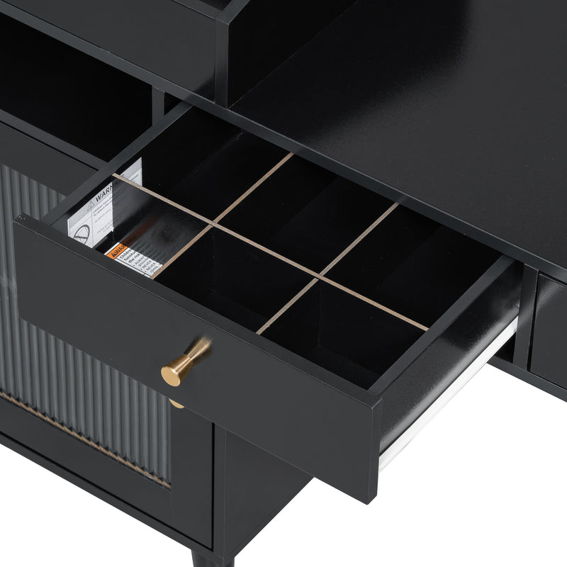 Modern Makeup Vanity Desk With Drawers Cabinet & Charging Port Engineered Wood Space Saving Design For Small Places - Black