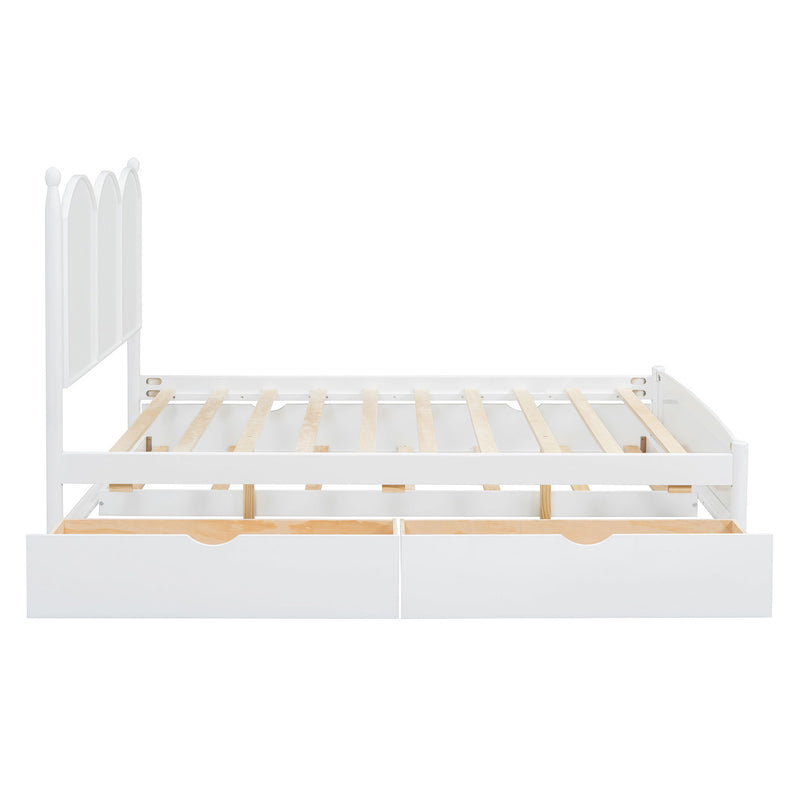Queen Size Platform Bed With With 2 Big Drawers, Twin Long Size Trundle - White