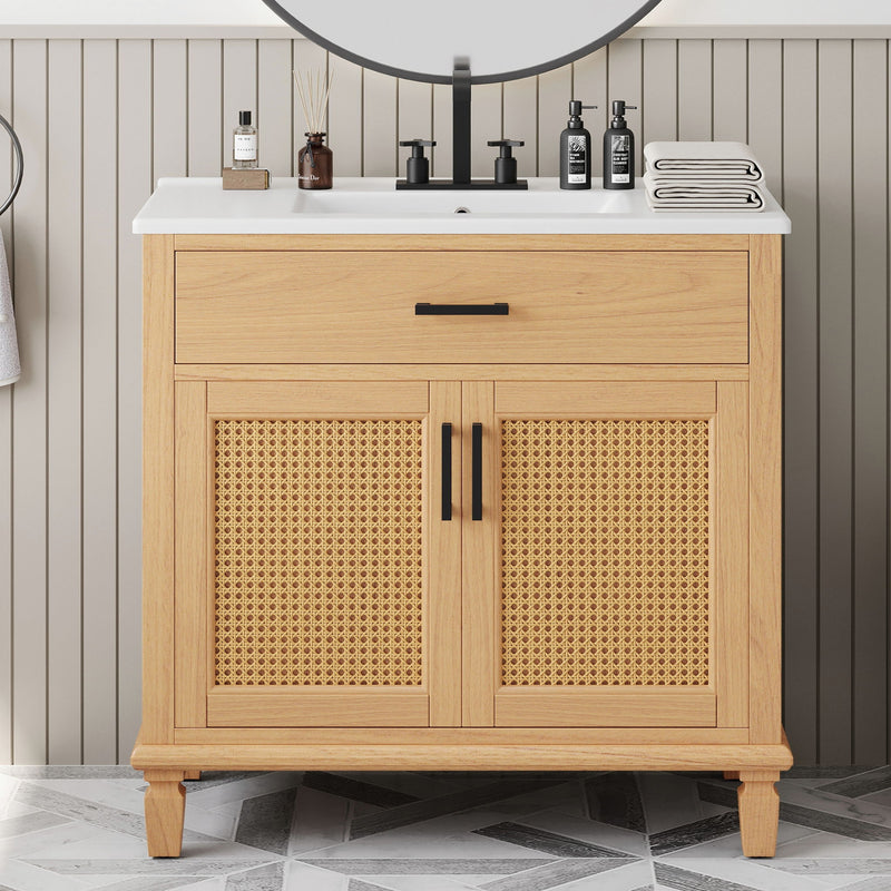 Bathroom Vanity With Ceramic Sink, Modern Free Standing Cabinet With Soft Close Drawers
