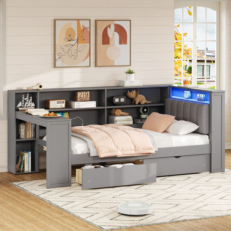Platform Bed With Upholstered Headboard, Storage Shelves, Drawers, Charging Station, LED Lighting, Built In Desk