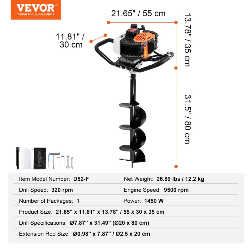 Vevor Gas Post Hole Digger 52Cc 1450W With 8 Drill Bits & Extension Rod Aluminium Alloy - Black