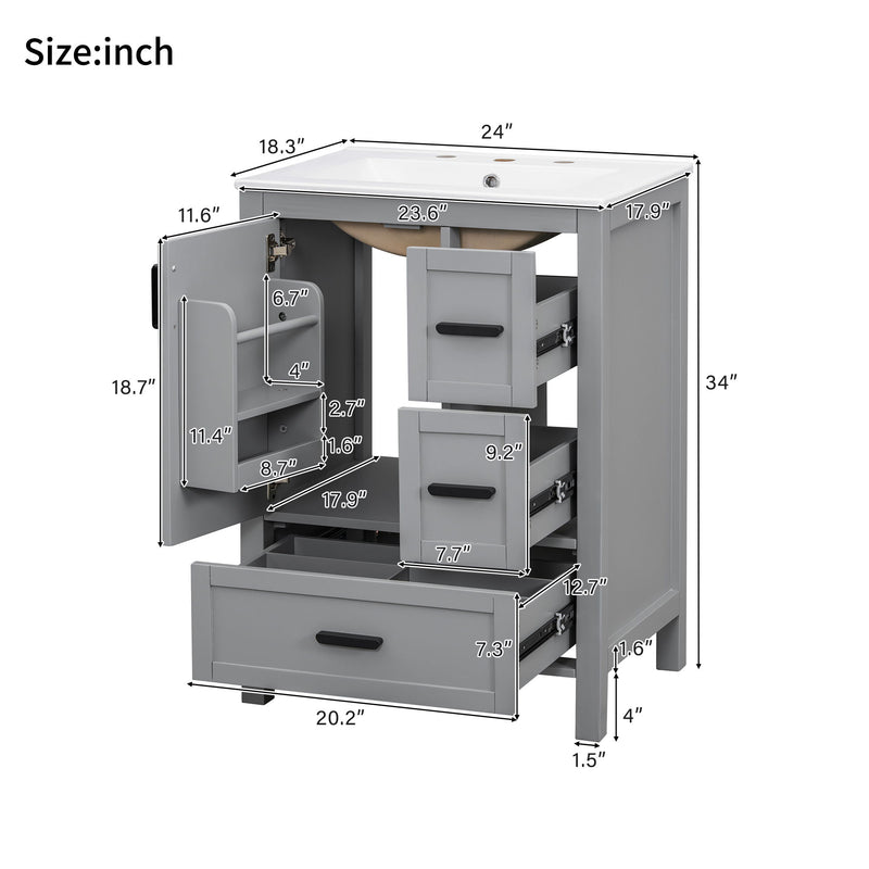 Bathroom Vanity With Sink, Soft Close Door, Double Layer Door Shelf And 3 Drawers - Gray