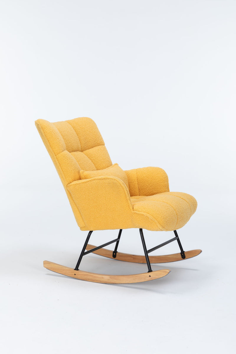 Rocking Chair Nursery, Teddy Upholstered Glider Rocker With High Backrest, Reading Chair Modern Rocking Accent Chairs Glider Recliner For Living Room - Yellow