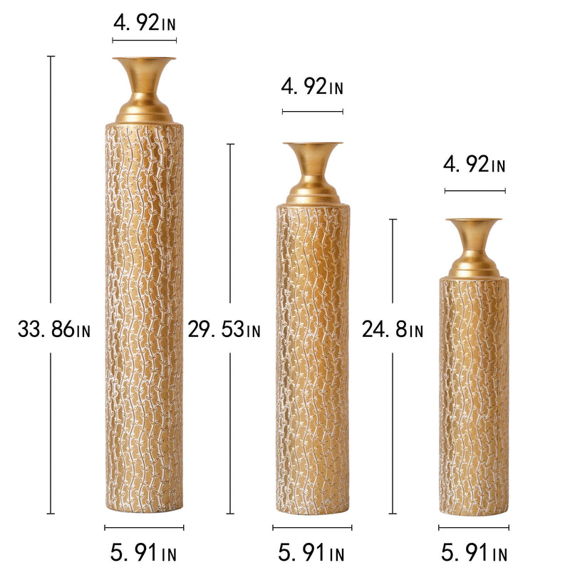 Metal Decorative Vases High Distress Metal Center Vases With Growing Vine Patterns, (Set of 3) Vases For Home Decoration - Gold