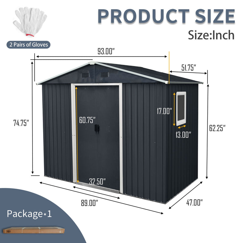 8Ft X 4Ft Outdoor Metal Storage Shed With Window And Metal Foundation For Backyard, Patio, Lawn