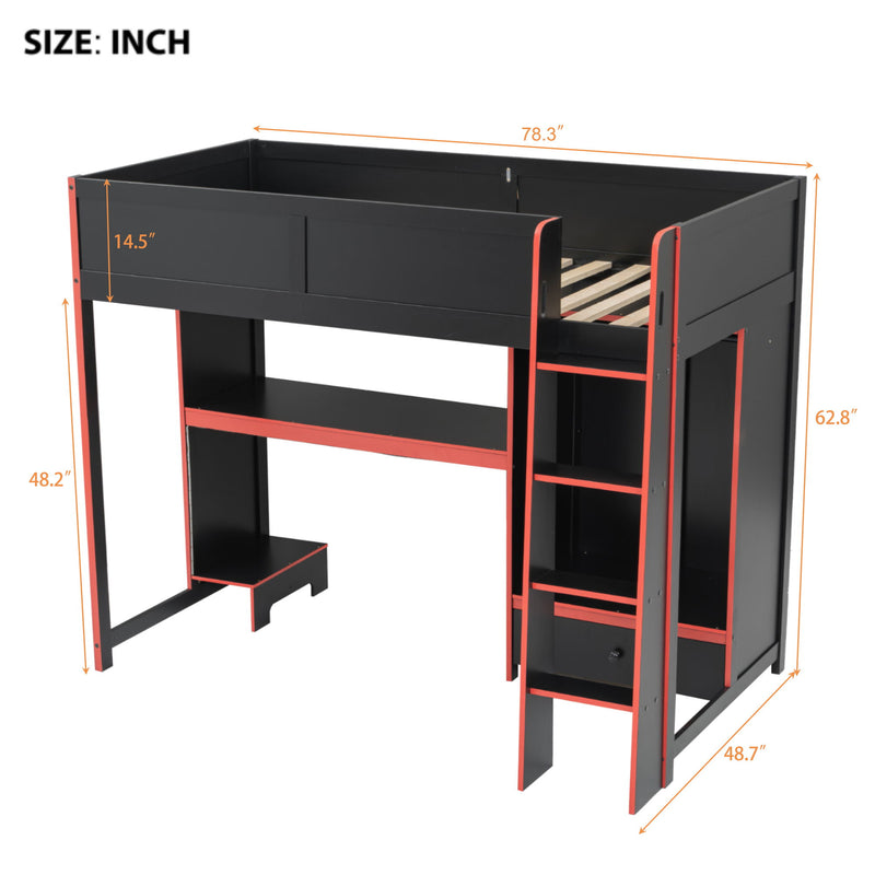 Gaming Loft Bed With Built In Desk, Wardrobe, LED Lighting And Drawer