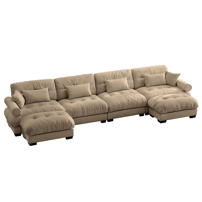 Modern Sectional Sofa With Ottoman, Round Bolster Armrests, Waist And Throw Pillows