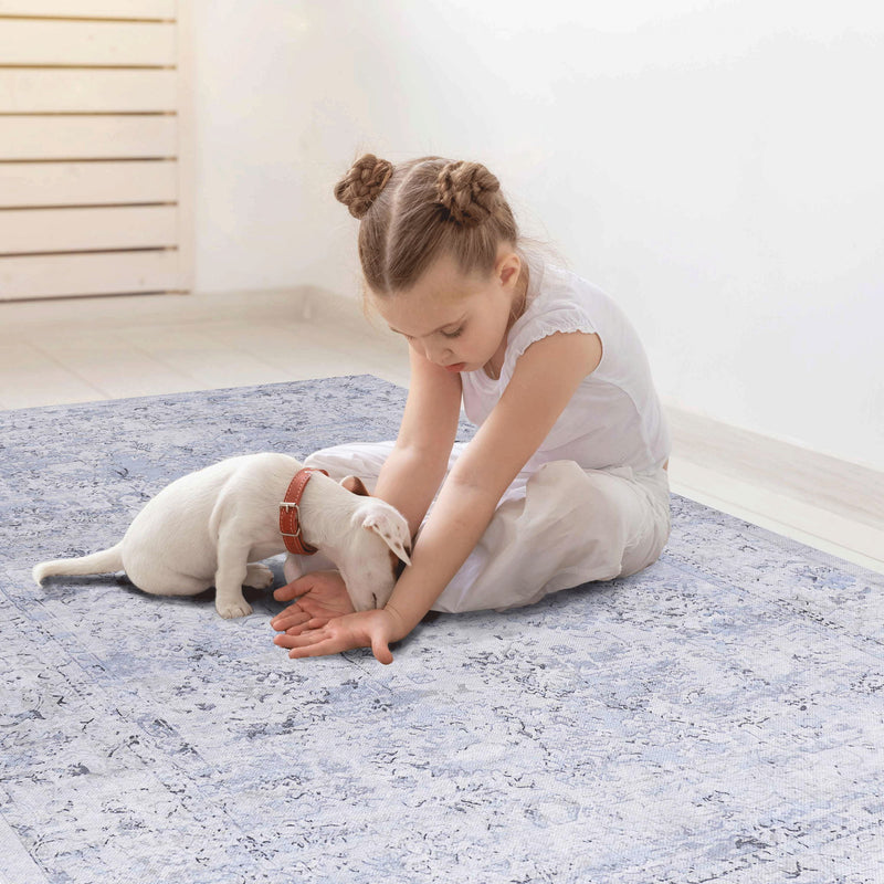 Maval - 2'6'' X 10' Washable Runner Rug - Blue / Cream