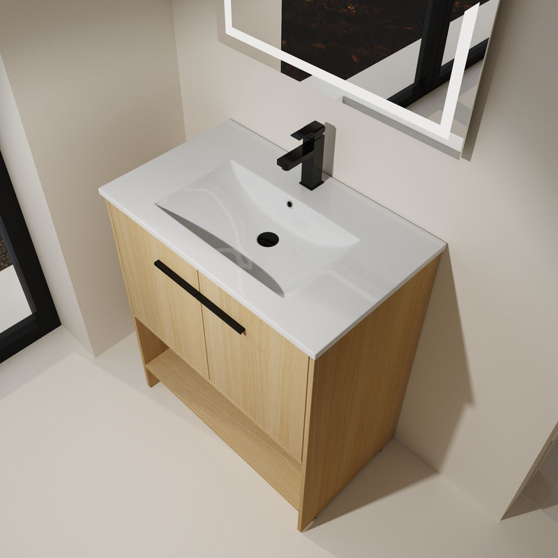 Modern Bathroom Vanity With Ceramic Sink, Freestanding Cabinet, Soft Closing Doors