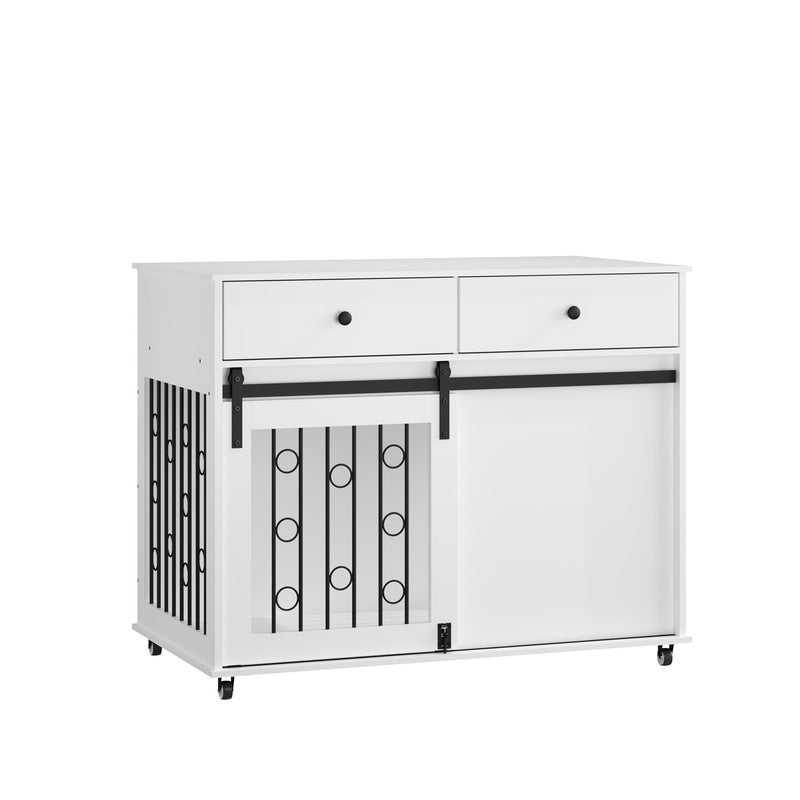 Dog Crate Furniture With Double Drawers And Sliding Barn Door, Pet Kennel For Small To Medium Dogs - White