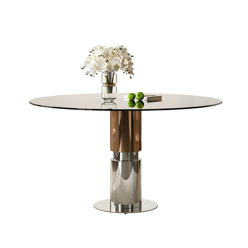 Round Dining Table With Tempered Glass Top - Brown
