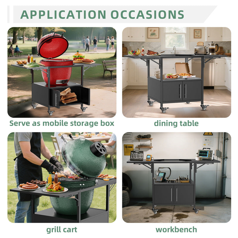 Outdoor Grill Table For Big Egg Style Bbq Metal Grill Cart With 2 Folding Panels Metal - Black