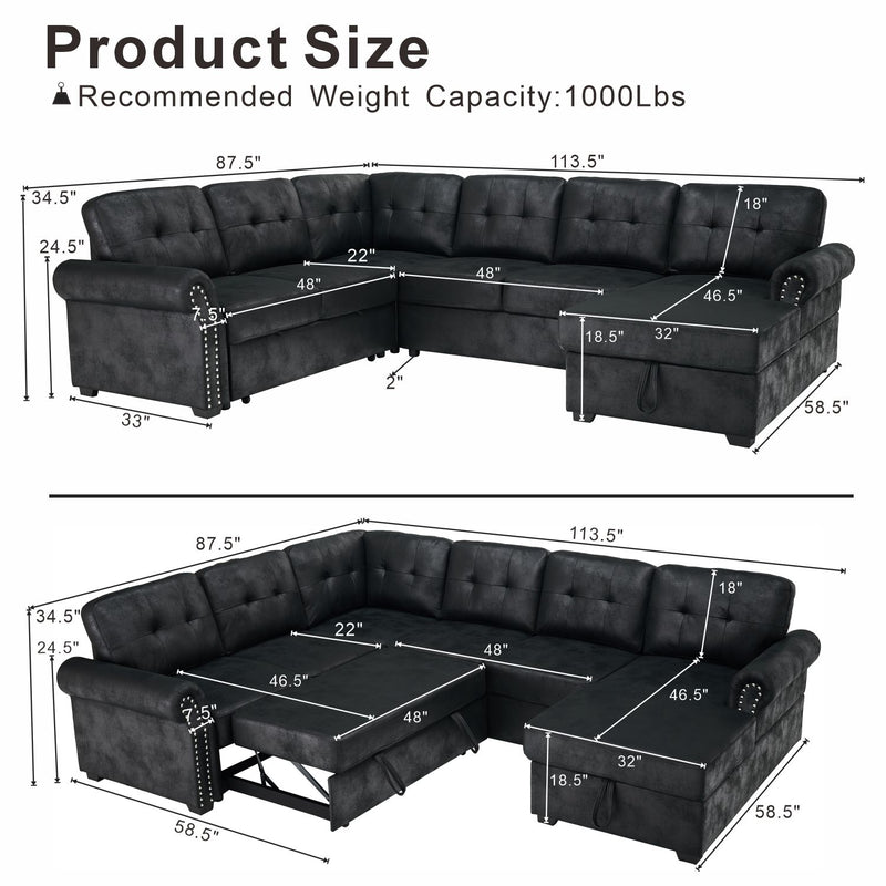 U Shape Sectional Sleeper Sofa With Pull Out Bed And Storage Chaise - Black