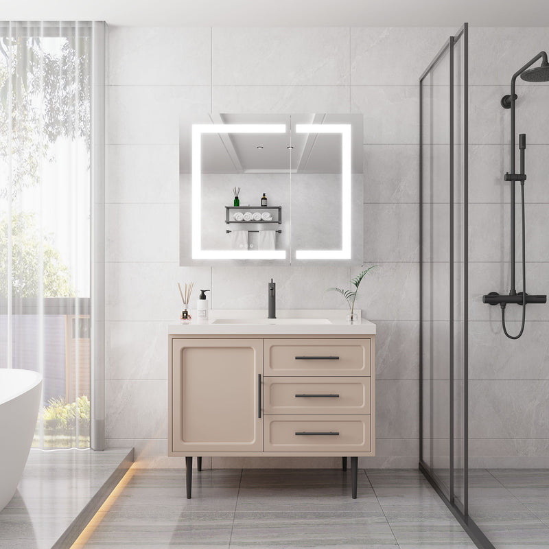 36" X 30" Medicine Cabinet With LED Vanity Mirror, Anti-Fog Recessed Or Surface Mount Bathroom Double Door Large Storage 3000K~6000K Bright Lighted Aluminum Storage Cabinet With Touch Switch - Silver