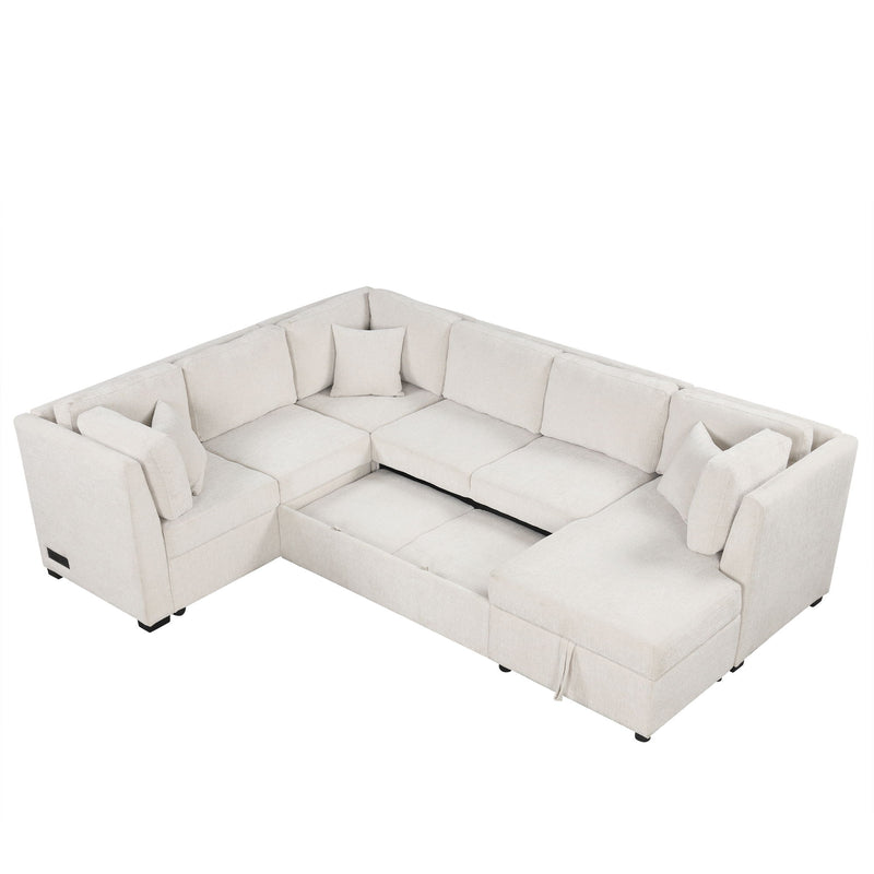 U-Shaped Sectional Sofa Pull Out Sofa Bed With Two USB Ports, Two Power Sockets, Three Back Pillows And A Storage Chaise For Living Room