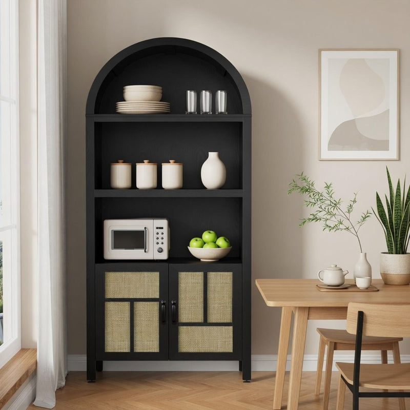 Arched Pantry Cabinet With Adjustable Storage & Doors - Black