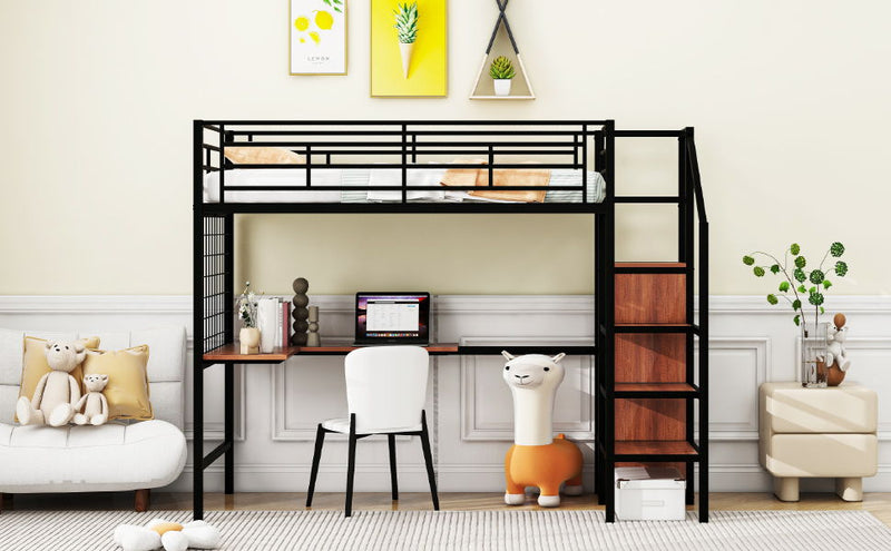 Loft Bed With Desk And Grid, Stylish Frame With Lateral Storage Ladder And Wardrobe