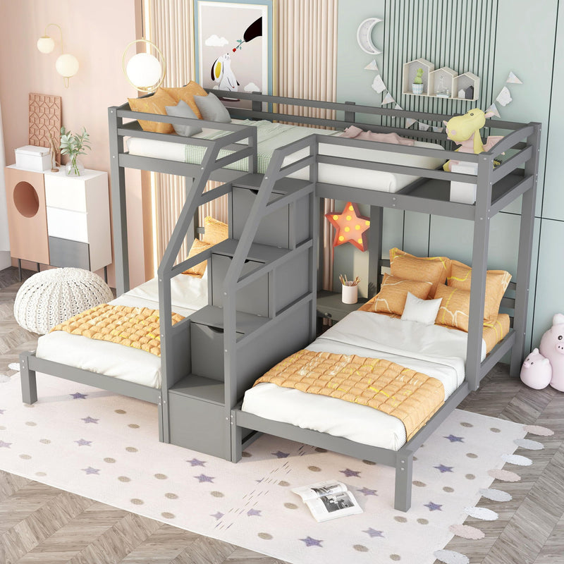 Twin Over Twin & Twin Bunk Bed With Built In Staircase And Storage Drawer - Gray