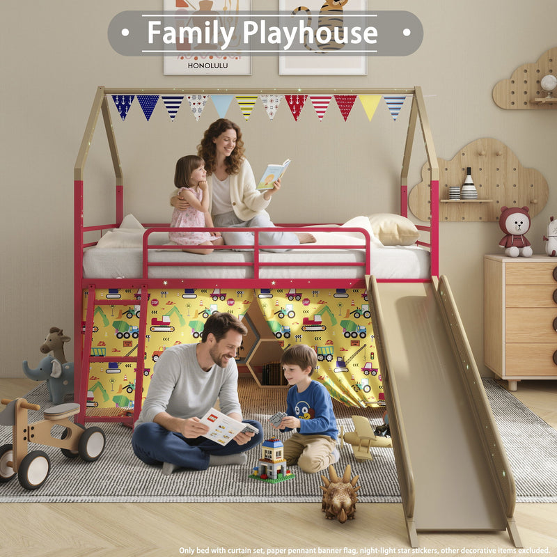 Jack - House Loft Bed With Slide And Curtain Set