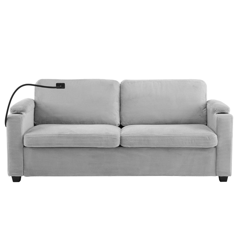 Sleeper Sofa Loveseat Sofa With Full Size Mattress, 2 USB Ports, 2 Cup Holders, 2 Side Pockets And Phone Holder
