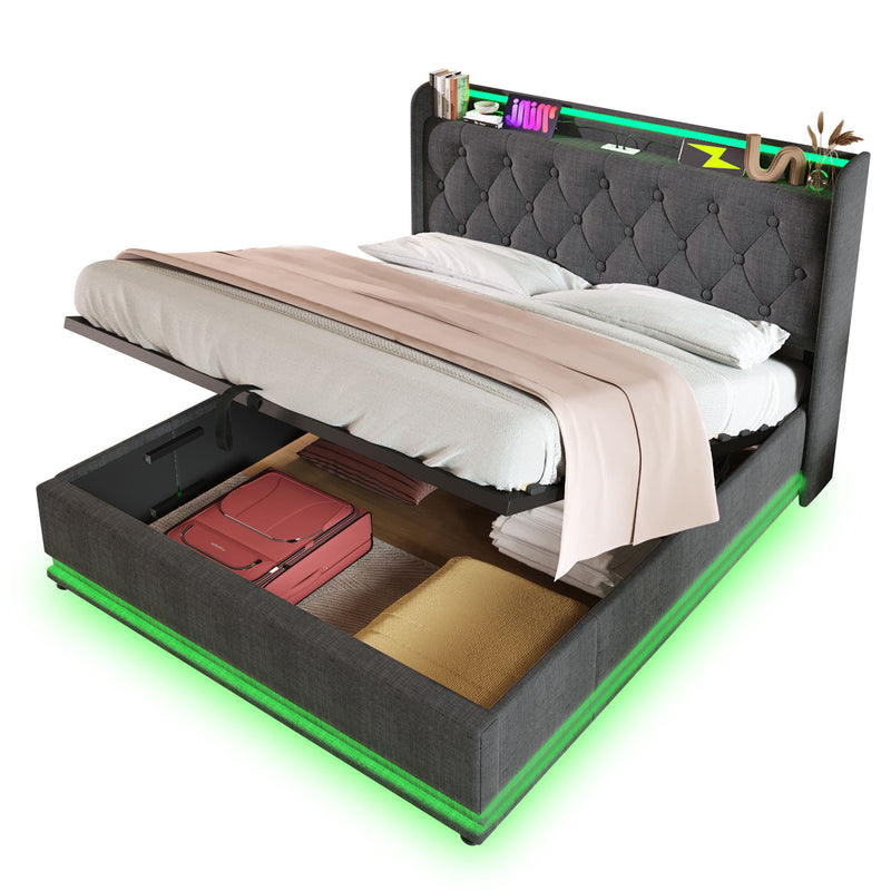 Upholstered Bed, 360 Surround LED Function, Remote Control, Hydraulic Storage Bed With USB, Type-C Charging (Without Mattress)