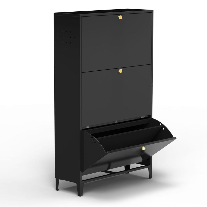 3 Drawer All Steel Shoe Cabinet, Freestanding Storage Organizer With Flip Door