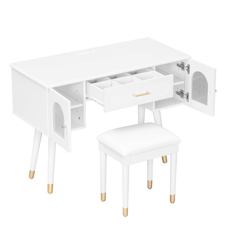 Elegant Vanity Makeup Table & Chair Set Modern Dressing Table With Organizer Writing Desk Charging Port Engineered Wood - White