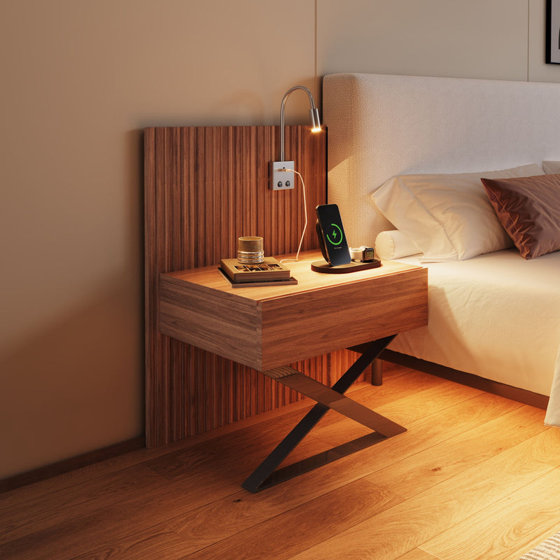 Floating King Size Bed With Integrated Side Tables And Smart Lighting - Beige Gray / White