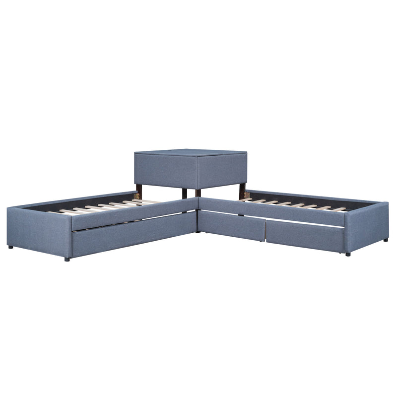 L Shaped Upholstered Platform Bed With Trundle And 2 Drawers Linked With Built In Desk