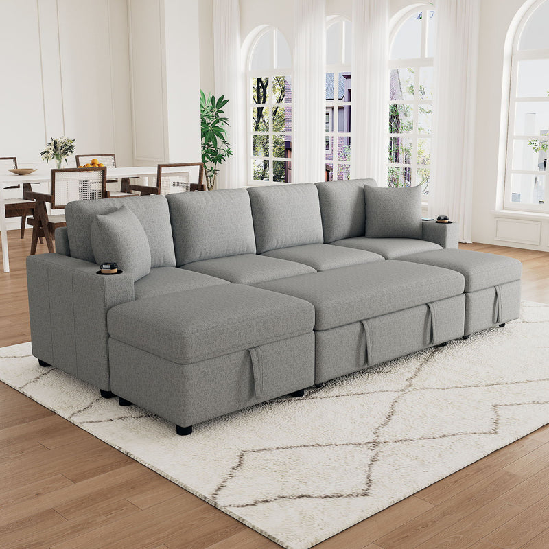 Sectional Sofa Convertible Pull-Out Bed With Storage Ottoman & USB Ports