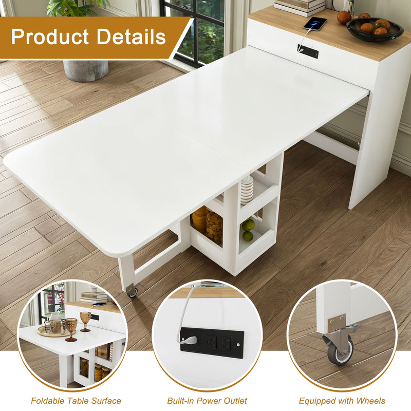 Extendable Dining Table With Power Socket, Lockable Casters, Storage Cabinet