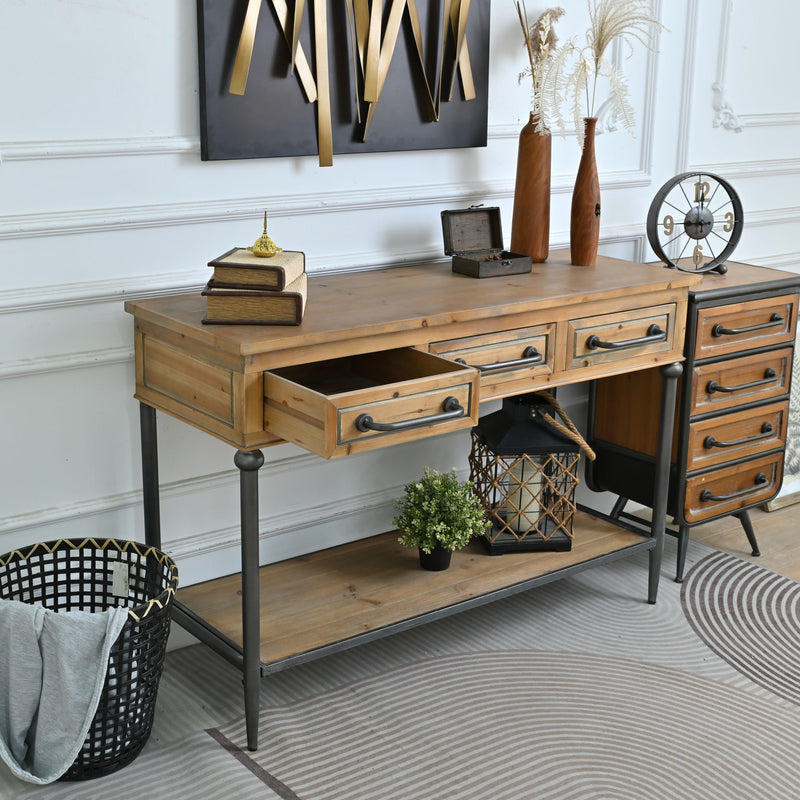 Accent Storage Console Table With Open Shelf And 3 Drawers For Living Room - Natural Wood / Brown