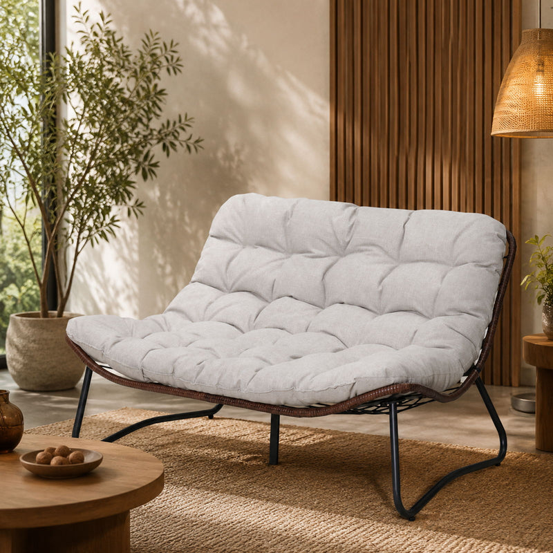 Patio Loveseat Sofa With Extra Thick Tufted Cushion - Brown
