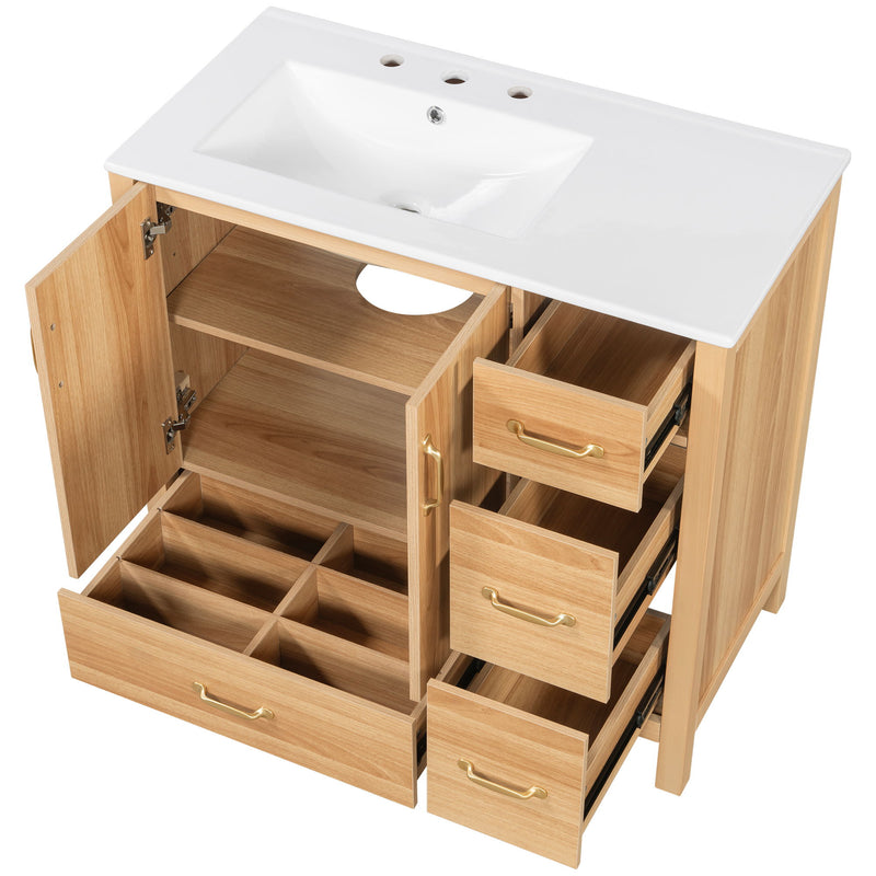 36" Bathroom Vanity, 2 Soft Close Doors, 4 Soft Close Drawers, Adjustable Shelf, Storage Cabinet - Acacia Wood