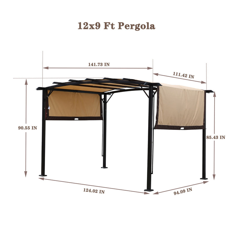 Outdoor Patio Pergola Gazebo - Steel Frame Sun Shelter With Retractable Canopy