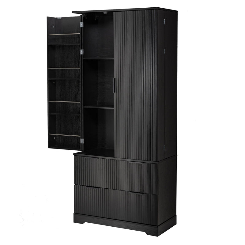 Fluted Kitchen Pantry Cabinet With 2 Large Drawers & 8 Door Spice Rack Freestanding Storage Organizer - Black
