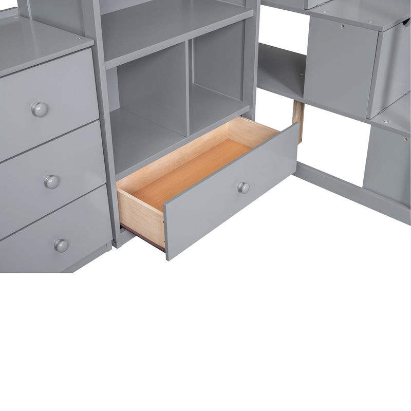 Loft Bed With L Shaped Desk, Drawers, Cabinet, And Storage Staircase