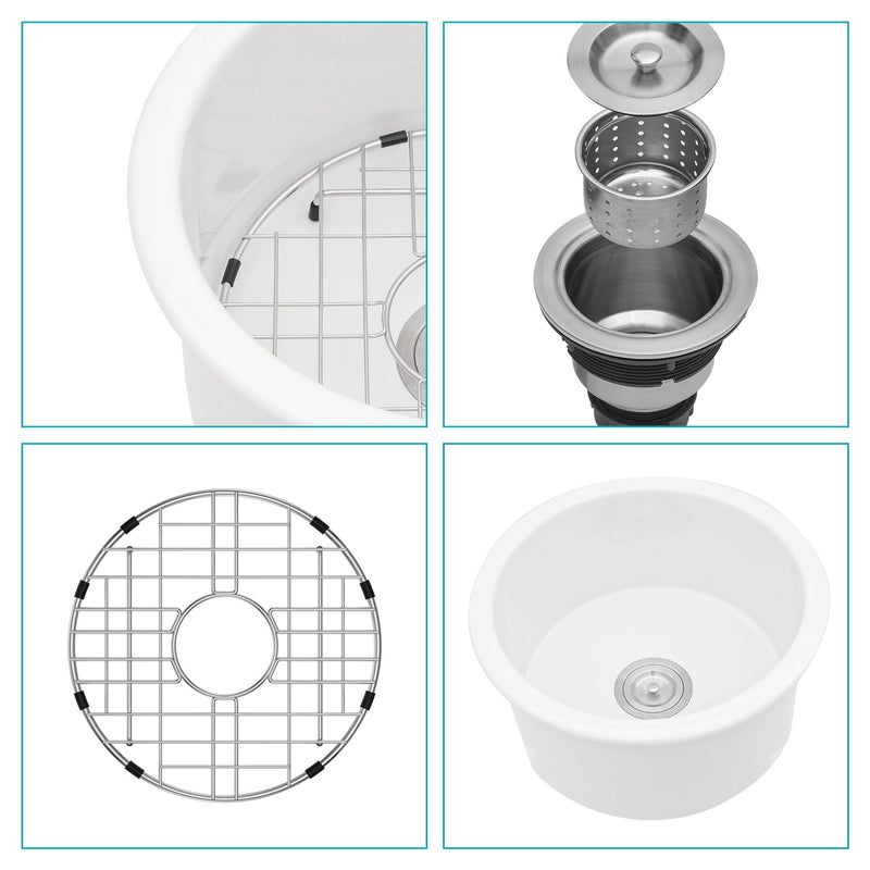 Ceramic Circular Kitchen Sink With Drain Assembly And Bottom Grid, 18" Dual Mount - White