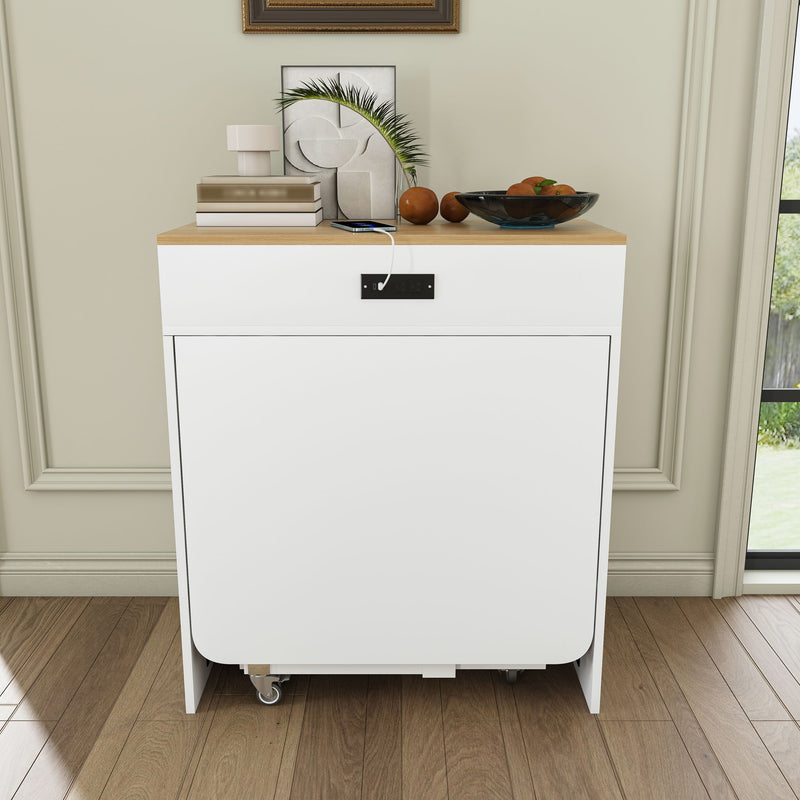 Extendable Dining Table With Power Socket, Lockable Casters, Storage Cabinet