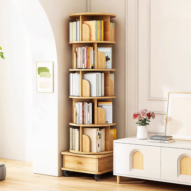 6 Tier Rotating Bookshelf With Wheels And Drawer, 360° Spinning Design, Space Saving Storage, For Home - Wood