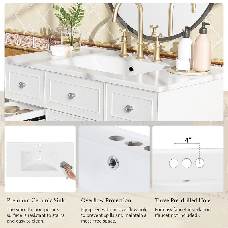Bathroom Vanity With Ceramic Sink, Soft Close Doors, Adjustable Shelves