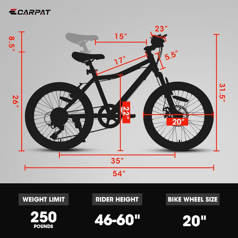 S20101 20" Kids' Bike, Boys Girls Mountain Bike Ages 8-12, 7 Speed Teenager Children Kids' Bicycles, Front Suspension Disc Brake Rear V-Brake, High Steel Frame