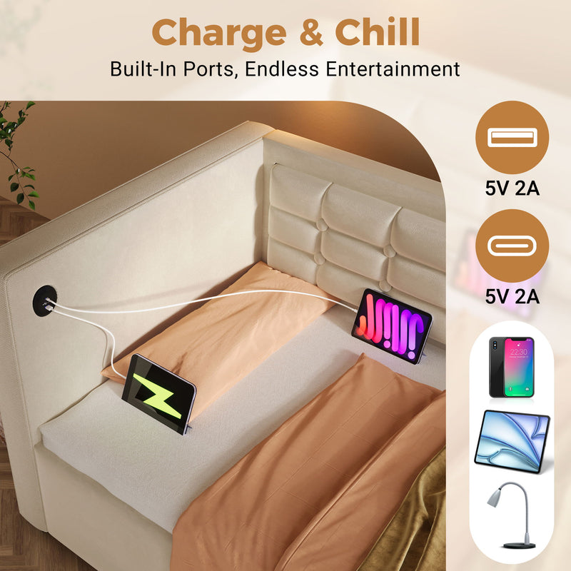 Upholstered Hydraulic Storage Daybed With USB & Type C Charging