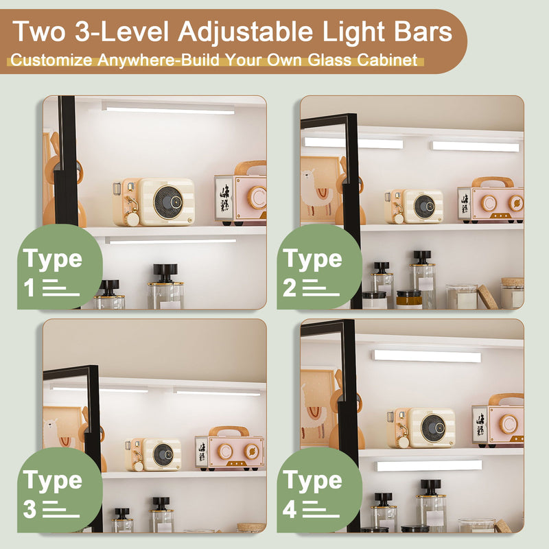 L-Shaped Computer Desk With Glass Cabinets, Built In LED Lights, USB Charging Ports