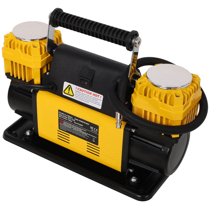 Heavy Duty 12V Dual Cylinder Air Compressor, Tire Inflator With Gauge - Yellow / Black