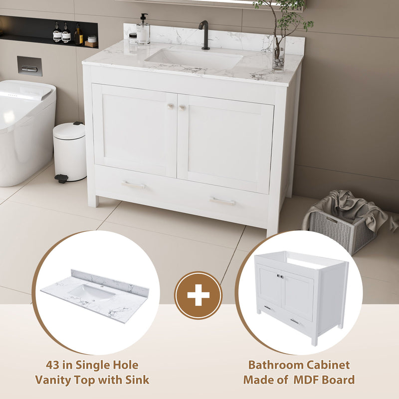 43" Bathroom Vanity With Artificial Marble Carrara Top Set, Multi Functional Cabinet With Doors And Drawer - White