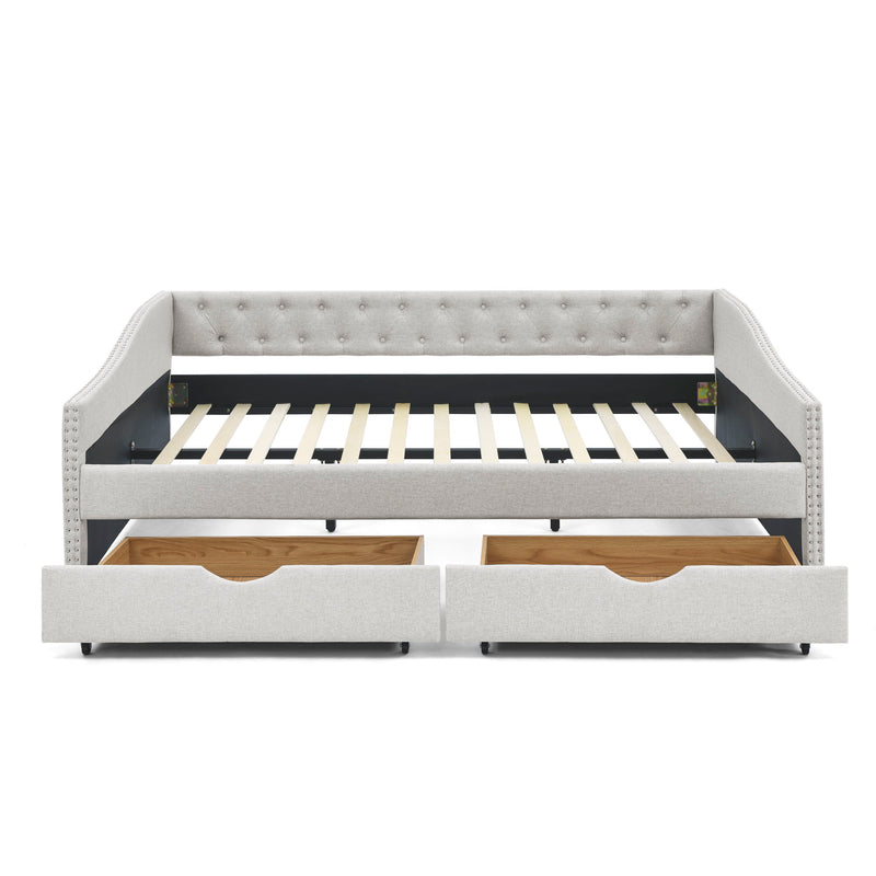 Upholstered Tufted Daybed With Drawers, Waved Arms