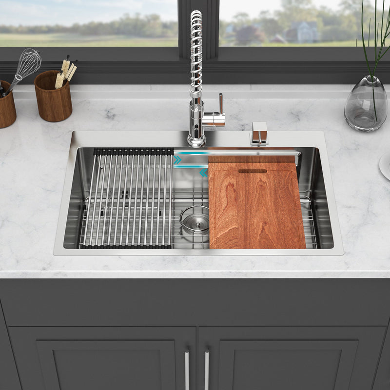 33" Drop In Kitchen Sink Single Bowl 16 Gauge Stainless Steel Ledge Workstation - Brushed Nickel