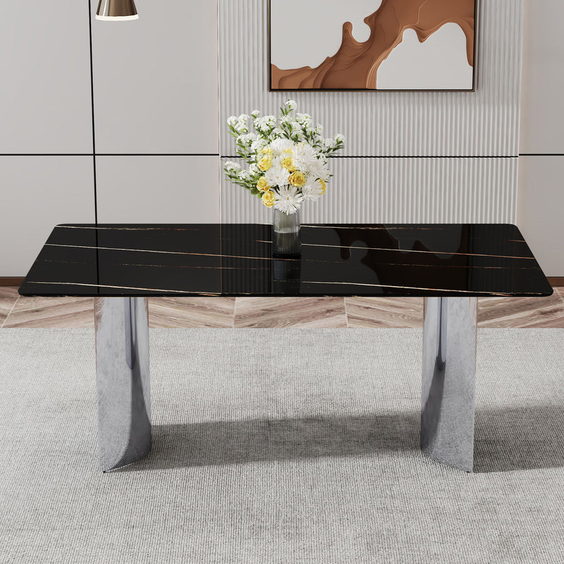 Modern Minimalist Dining Table With Imitation Marble Glass Desktop And Metal Legs