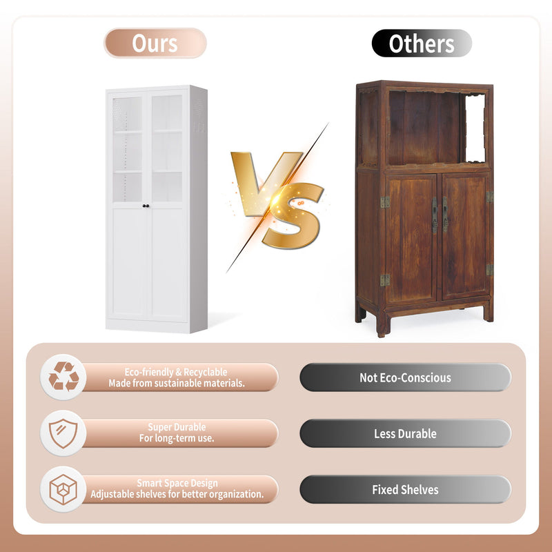 Tall Metal Kitchen Pantry Cabinet With Adjustable Shelves And Silent Magnetic Doors - White